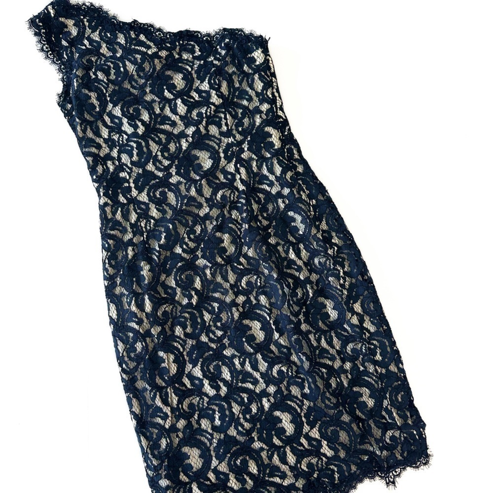 Tadashi Shoji Womens 6 Navy Blue Lace Scalloped One Shoulder Sheath Dress